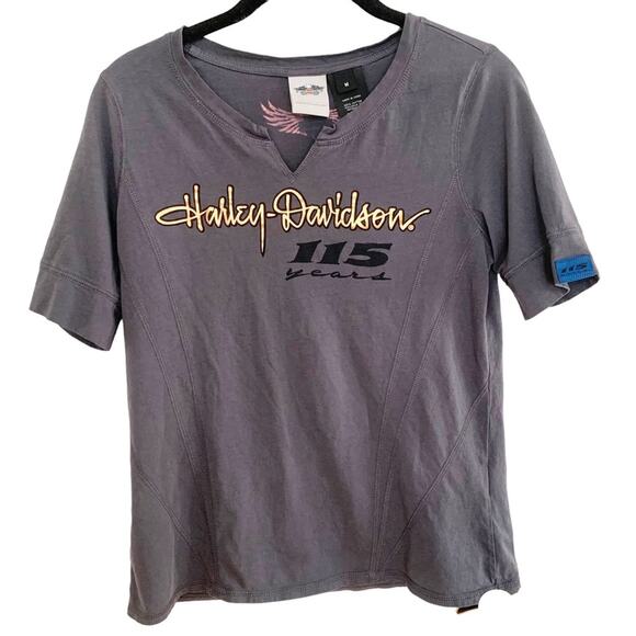 Harley Davidson Grey Split V Neck 115 Years Anniversary Logo Tee Medium - Picture 1 of 6